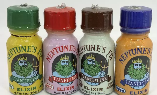 This photo provided by the FDA in January 2024 shows bottles of Neptunes Fix Elixir, a product labeled to contain tianeptine. (FDA Office of Regulatory Affairs, Health Fraud Branch via AP)