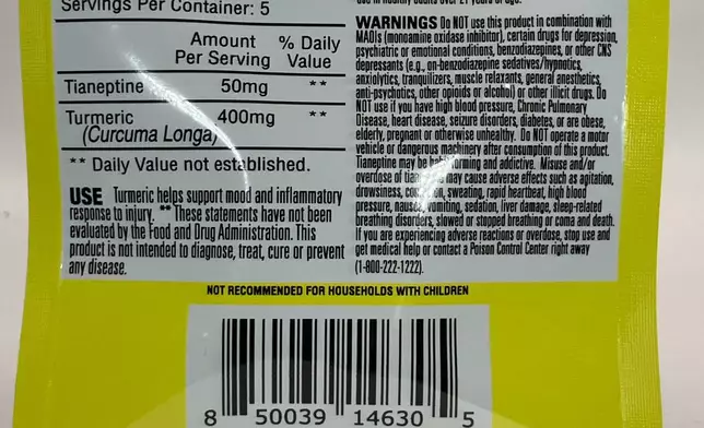This photo provided by the FDA in January 2024 shows a the ingredient list of TA TA, a product labeled to contain tianeptine. (FDA Office of Regulatory Affairs, Health Fraud Branch via AP)