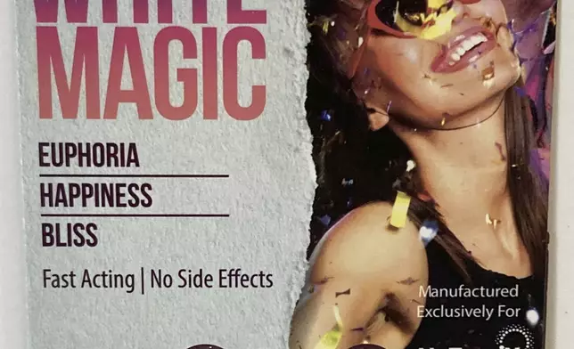 This photo provided by the FDA in January 2024 shows capsules of White Magic, a product labeled to contain tianeptine. (FDA Office of Regulatory Affairs, Health Fraud Branch via AP)
