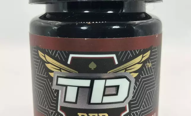 This photo provided by the FDA in January 2024 shows a bottle of TD Red Extra Strength, a product labeled to contain tianeptine. (FDA Office of Regulatory Affairs, Health Fraud Branch via AP)