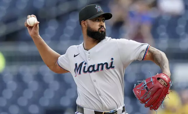 Miami Marlins pitcher Sandy Alcantara delivers during the first inning of a baseball game against the Pittsburgh Pirates, Tuesday, June 10, 2025, in Pittsburgh. (AP Photo/Matt Freed)
