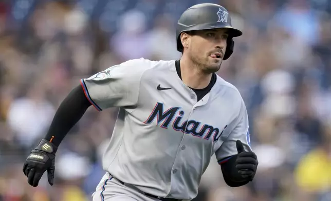 Miami Marlins' Nick Fortes rounds the bases after hitting a two-run home run during the third inning of a baseball game against the Pittsburgh Pirates Tuesday, June 10, 2025, in Pittsburgh. (AP Photo/Matt Freed)