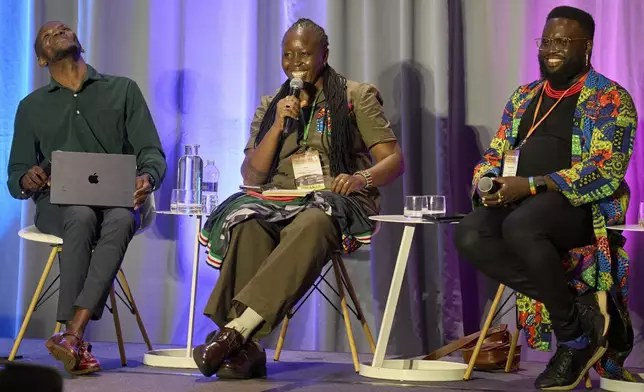 Steven Muleme, of Uganda, Executive Director of Visual Echoes for Human Rights Advocacy (VEHRA), Essy Adhiambo, of Kenya, founder and Executive Director of INEND, a human rights organization for gender minorities in Kenya, and Gilbert Mitullah, of Kenya, Executive Director of the Alliance for Strategic Minority Leadership, attend a forum about the African Continent, Wednesday, June 4, 2025, during the Human Rights Conference at World Pride, in Washington. (AP Photo/Jacquelyn Martin)