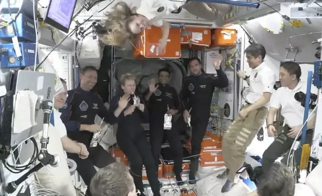 This image provided by NASA shows from second left, Poland's Slawosz Uznanski-Wisniewski, Axiom Space's Peggy Whitson, India's Shubhanshu Shukla and Hungary's Tibor Kapu aboard the International Space Station, Thursday June 26, 2025. (NASA via AP)