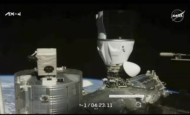 This image provided by NASA shows the SpaceX capsule carrying a crew of four astronauts docks to the International Space Station, carrying the first astronauts from India, Poland and Hungary in more than 40 years.Thursday June 26, 2025. (NASA via AP)