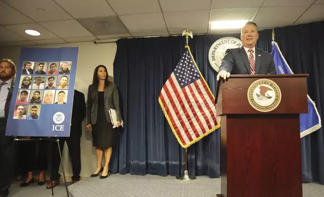 U.S. Immigration and Customs Enforcement Acting Director Todd Lyons announces that his agency took nearly 1,500 immigrants into custody in Massachusetts over the month of May during a press conference at the John Joseph Moakley U.S. Courthouse in Boston, Mass., on Monday, June 2, 2025. (AP Photo/Leah Willingham)