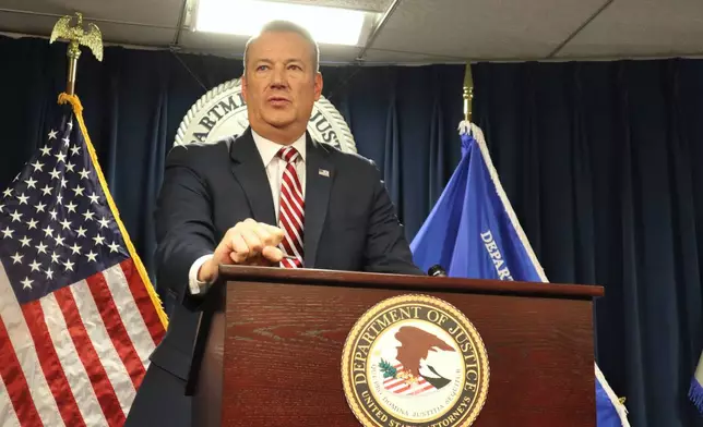U.S. Immigration and Customs Enforcement Acting Director Todd Lyons announces that his agency took nearly 1,500 immigrants into custody in Massachusetts over the month of May during a news conference at the John Joseph Moakley U.S. Courthouse in Boston, Monday, June 2, 2025. (AP Photo/Leah Willingham)