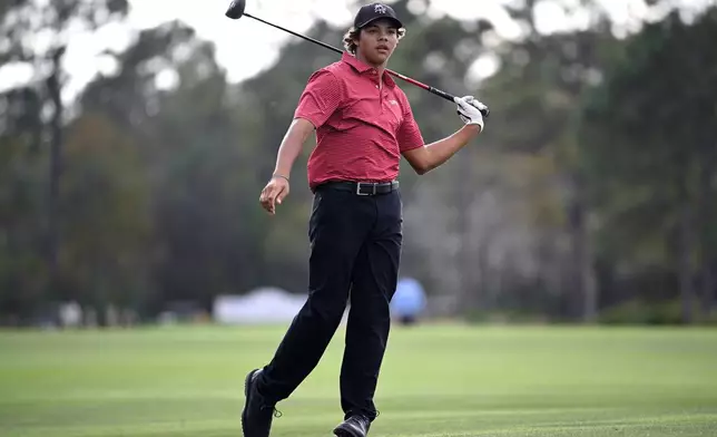 FILE - Charlie Woods watches his shot from the 14th fairway during the final round of the PNC Championship golf tournament, in Orlando, Fla., Dec. 22, 2024. (AP Photo/Phelan M. Ebenhack, File)