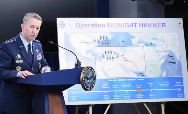 Joint Chiefs Chairman Gen. Dan Caine speaks during a news conference at the Pentagon in Washington, Sunday, June 22, 2025, after the U.S. military struck three sites in Iran, directly joining Israel's effort to destroy the country's nuclear program. (AP Photo/Alex Brandon)