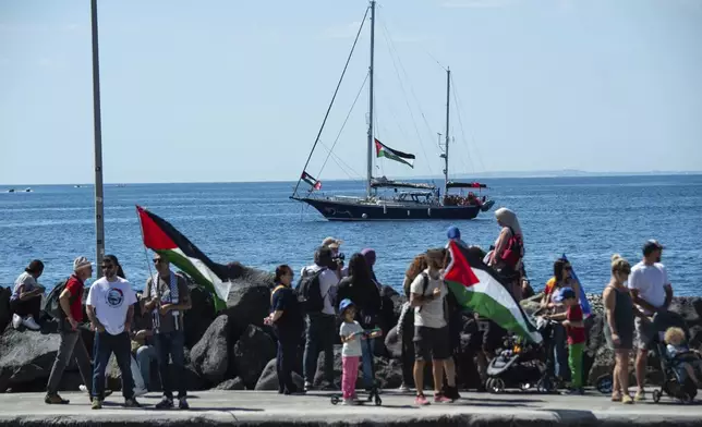 The Freedom Flotilla human rights organization Madleen boat is docked near Catania's harbor, Italy, Sunday, June 1, 2025, ahead of its departure for the Mideast. (AP Photo/Salvatore Cavalli)