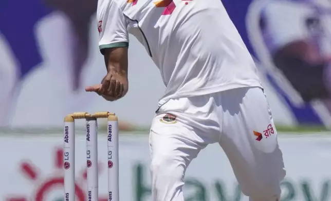 Bangladesh's Taijul Islam bowls a delivery during day three of the first cricket test match between Sri Lanka and Bangladesh in Galle, Sri Lanka, Thursday, June 19, 2025. (AP Photo/Eranga Jayawardena)