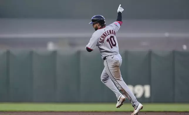 Cleveland Guardians' Daniel Schneemann runs the bases after hitting a three-run home run during the fourth inning of a baseball game against the San Francisco Giants, Wednesday, June 18, 2025, in San Francisco. (AP Photo/Godofredo A. Vásquez)
