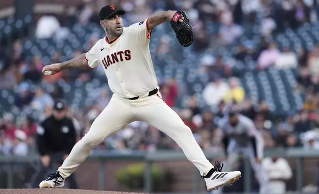 San Francisco Giants pitcher Justin Verlander throws to a Cleveland Guardians batter during the first inning of a baseball game Wednesday, June 18, 2025, in San Francisco. (AP Photo/Godofredo A. Vásquez)