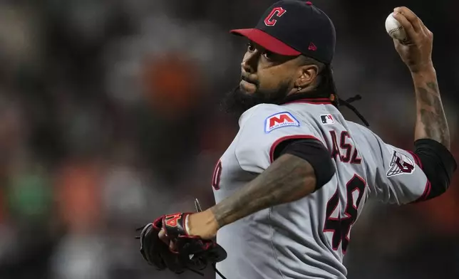 Cleveland Guardians pitcher Emmanuel Clase throws to a San Francisco Giants batter during the ninth inning of a baseball game Wednesday, June 18, 2025, in San Francisco. (AP Photo/Godofredo A. Vásquez)