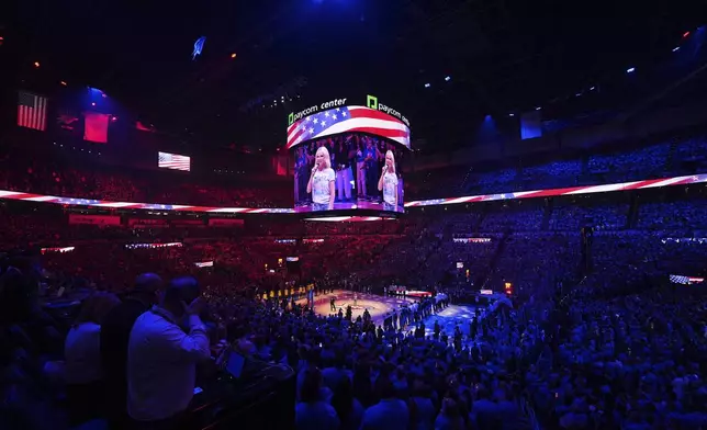 Kristin Chenoweth sings the national anthem before Game 7 of the NBA Finals basketball series between the Indiana Pacers and the Oklahoma City Thunder Sunday, June 22, 2025, in Oklahoma City. (AP Photo/Nate Billings)