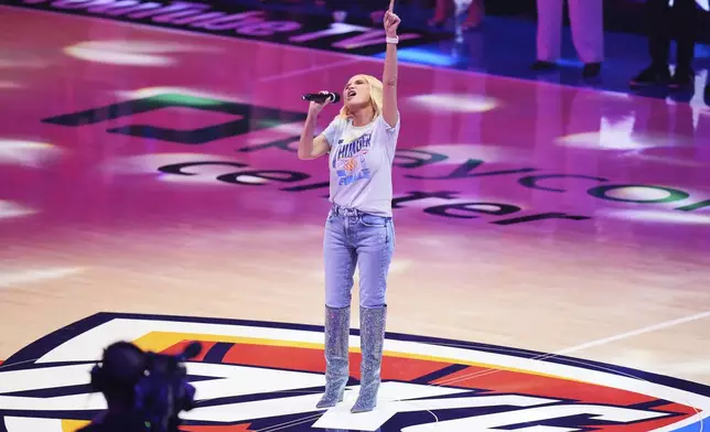 Kristin Chenoweth sings the national anthem before Game 7 of the NBA Finals basketball series between the Indiana Pacers and the Oklahoma City Thunder Sunday, June 22, 2025, in Oklahoma City. (AP Photo/Nate Billings)