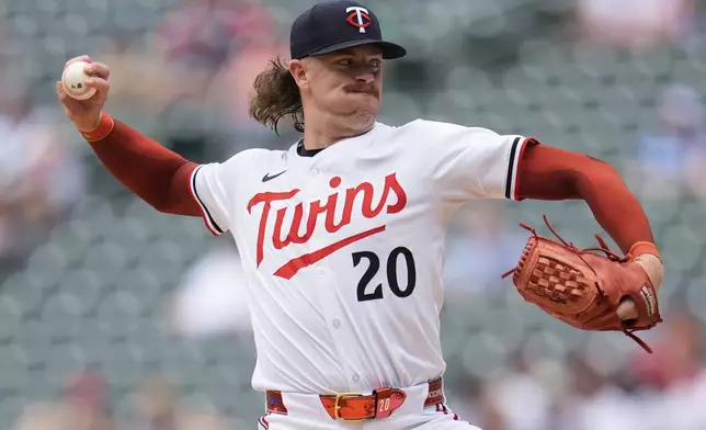 Minnesota Twins starting pitcher Chris Paddack (20) delivers during the second inning of a baseball game against the Toronto Blue Jays, Saturday, June 7, 2025, in Minneapolis. (AP Photo/Abbie Parr)