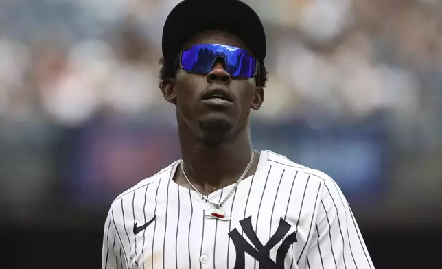 New York Yankees' Jazz Chisholm Jr. walks to the dugout during the fifth inning of a baseball game against the Baltimore Orioles, Sunday, June 22, 2025, in New York. (AP Photo/Pamela Smith)