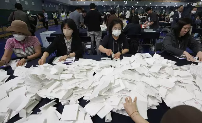 National Election Commission officials sort out ballots for counting at the presidential election in Seoul, South Korea,Tuesday, June 3, 2025. (AP Photo/Ahn Young-joon)