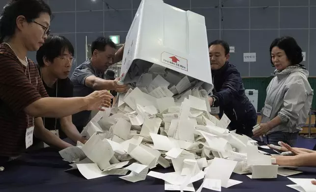 National Election Commission officials sort out ballots for counting at the presidential election in Seoul, South Korea, Tuesday, June 3, 2025. (AP Photo/Ahn Young-joon)