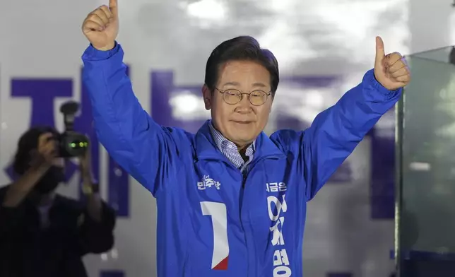 South Korea's Democratic Party's presidential candidate Lee Jae-myung, gestures during a presidential election campaign in Seoul, South Korea, Monday, June 2, 2025. (AP Photo/Lee Jin-man)