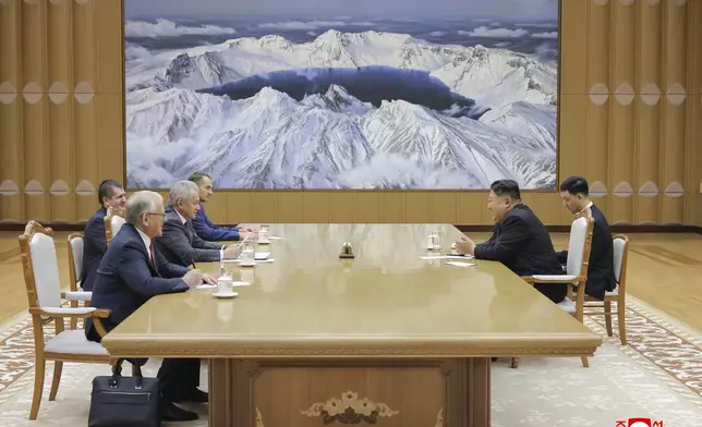In this photo provided by the North Korean government, Russian Security Council Secretary Sergei Shoigu, third left, meets with North Korean leader Kim Jong Un, second right, at the headquarters of the ruling Workers' Party in Pyongyang, North Korea, Tuesday, June 17, 2025. Independent journalists were not given access to cover the event depicted in this image distributed by the North Korean government. The content of this image is as provided and cannot be independently verified. Korean language watermark on image as provided by source reads: "KCNA" which is the abbreviation for Korean Central News Agency. (Korean Central News Agency/Korea News Service via AP)
