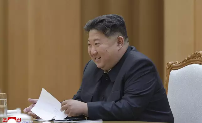 In this photo provided by the North Korean government, North Korean leader Kim Jong Un meets with Russian Security Council Secretary Sergei Shoigu, not in photo, at the headquarters of the ruling Workers' Party in Pyongyang, North Korea, Tuesday, June 17, 2025. Independent journalists were not given access to cover the event depicted in this image distributed by the North Korean government. The content of this image is as provided and cannot be independently verified. Korean language watermark on image as provided by source reads: "KCNA" which is the abbreviation for Korean Central News Agency. (Korean Central News Agency/Korea News Service via AP)