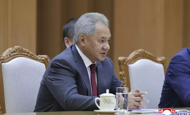 In this photo provided by the North Korean government, Russian Security Council Secretary Sergei Shoigu meets with North Korean leader Kim Jong Un, not in photo, at the headquarters of the ruling Workers' Party in Pyongyang, North Korea, Tuesday, June 17, 2025. Independent journalists were not given access to cover the event depicted in this image distributed by the North Korean government. The content of this image is as provided and cannot be independently verified. Korean language watermark on image as provided by source reads: "KCNA" which is the abbreviation for Korean Central News Agency. (Korean Central News Agency/Korea News Service via AP)