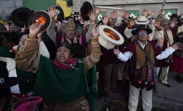 Aymara Indigenous people attend the Andean New Year of 5,533 celebration in El Alto, Bolivia, Saturday, June 21, 2025. (AP Photo/Juan Karita)