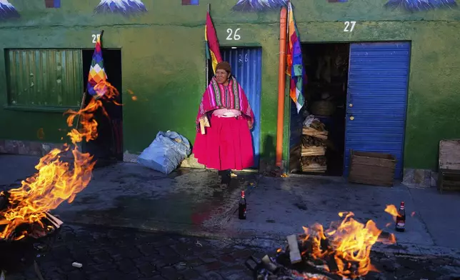 An Andean spiritual leader attends the celebration of the Andean New Year 5533 marking the Southern Hemisphere's winter solstice, in El Alto, Bolivia, Saturday, June 21, 2025. (AP Photo/Juan Karita)