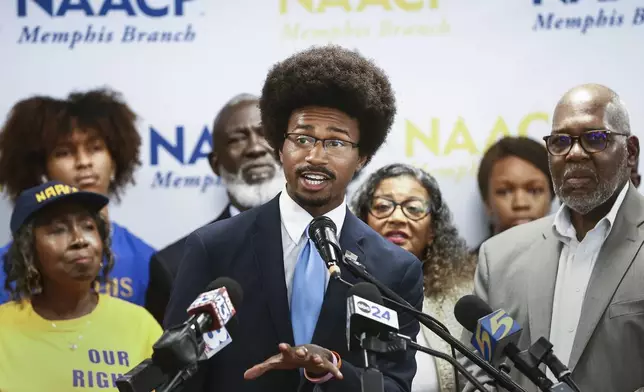 State Representative Justin J. Pearson speaks during a press conference announcing NAACP plans to sue xAI over Clean Air Act on Tuesday, June 17, 2025, in Memphis. (Mark Weber/Daily Memphian via AP)