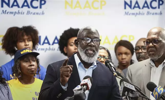 Local Boxtown resident Batsell Booker speaks during a press conference announcing NAACP plans to sue xAI over Clean Air Act on Tuesday, June 17, 2025, in Memphis. (Mark Weber/Daily Memphian via AP)