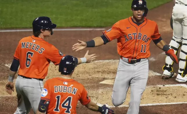 Houston Astros' Cam Smith (11) and Jake Meyers (6) celebrate after scoring on a single by Jacob Melton off Pittsburgh Pirates pitcher Mitch Keller during the fourth inning of a baseball game in Pittsburgh, Thursday, June 5, 2025. (AP Photo/Gene J. Puskar)