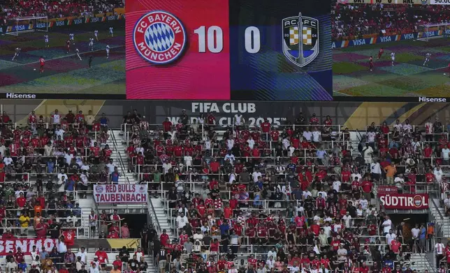 The scoreboard shows Bayern leading 10-0 during the Club World Cup group C soccer match between Bayern Munich and Auckland City in Cincinnati, Sunday, June 15, 2025. (AP Photo/Jeff Dean)