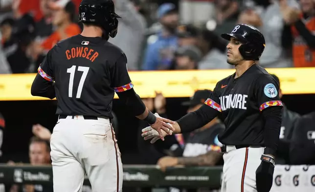 Baltimore Orioles' Colton Cowser (17) and Ramon Laureano, right, celebrate after scoring on a two-run RBI hit by Coby Mayo during the second inning of a baseball game, Friday, June 27, 2025, in Baltimore. (AP Photo/Stephanie Scarbrough)