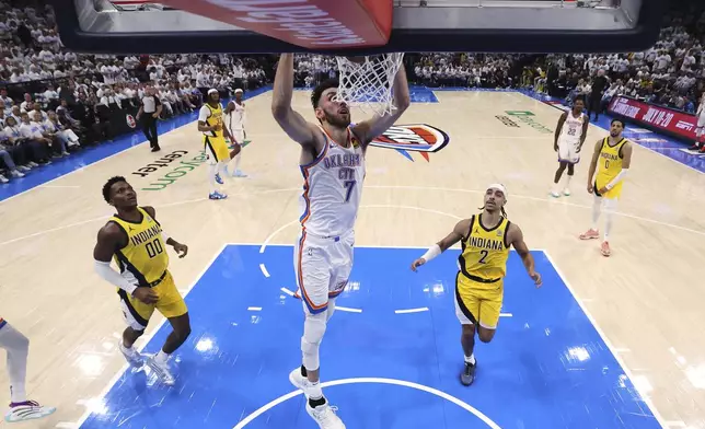 Oklahoma City Thunder forward Chet Holmgren (7) dunks during the second half in Game 1 of the NBA Finals basketball series against the Indiana Pacers Thursday, June 5, 2025, in Oklahoma City. (Matthew Stockman/Pool Photo via AP)
