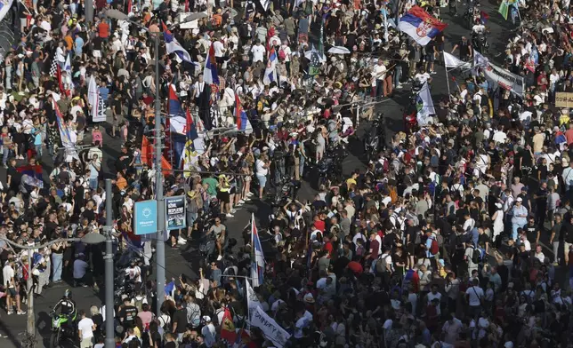 People attend a major anti-government rally to press their demand for an early election after nearly eight months of almost daily anti-corruption demonstrations that have shaken the populist government of President Aleksandar Vucic, in Belgrade, Serbia, Saturday, June 28, 2025. (AP Photo/Marko Drobnjakovic)