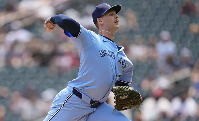 Toronto Blue Jays starting pitcher Bowden Francis (44) delivers during the first inning of a baseball game against the Minnesota Twins, Sunday, June 8, 2025, in Minneapolis. (AP Photo/Abbie Parr)