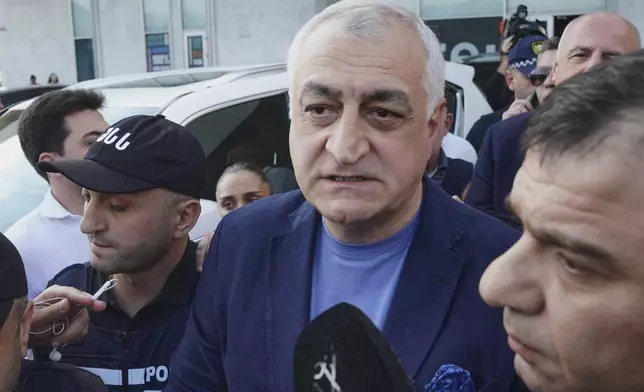 Police detain Mamuka Khazaradze, leader of Lelo for Georgia in Tbilisi, Georgia, Monday, June 23, 2025. (AP Photo/Aleksandre Keshelashvili)
