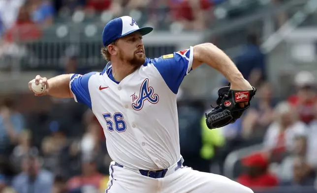 Atlanta Braves' Spencer Schwellenbach pitches during the first inning of a baseball game against the Boston Red Sox, Saturday, May 31, 2025, in Atlanta. (AP Photo/Butch Dill)