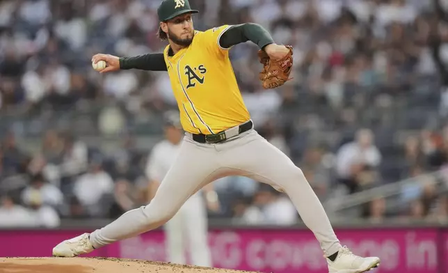 Athletics' Mitch Spence pitches during the first inning of a baseball game against the New York Yankees Friday, June 27, 2025, in New York. (AP Photo/Frank Franklin II)