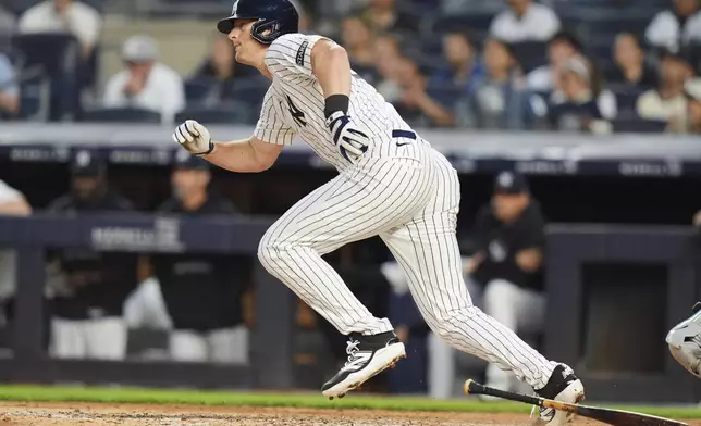 New York Yankees' DJ LeMahieu runs to first base for an RBI single during the fourth inning of a baseball game against the Athletics Friday, June 27, 2025, in New York. (AP Photo/Frank Franklin II)