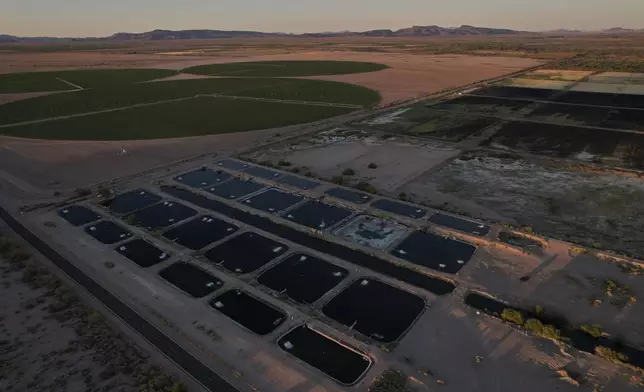 Artificial ponds for farmed fish operate near crop fields Saturday, April 19, 2025, at a Mainstream USA fish farm in Dateland, Ariz. (AP Photo/Joshua A. Bickel)