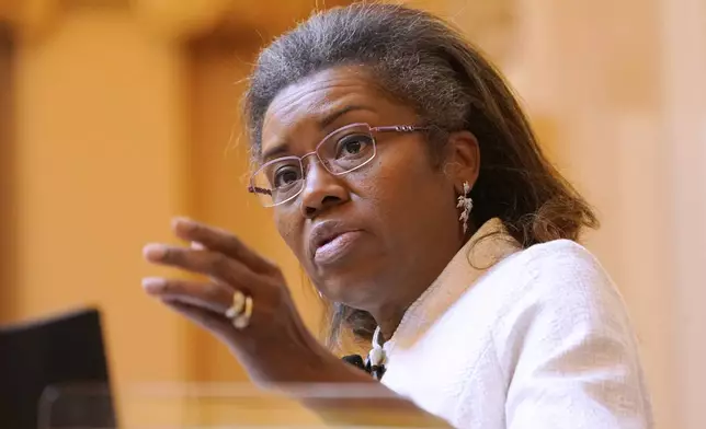 FILE - Virginia Lt. Gov. Winsome Earle-Sears gestures as she presides over the Senate during the session at the state Capitol on Feb. 8, 2022, in Richmond, Va. (AP Photo/Steve Helber, File)