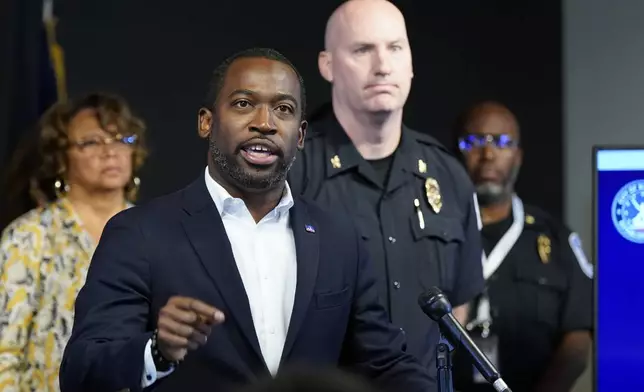 FILE - Richmond Mayor Levar Stoney, left, gestures as Richmond interim Police Chief Rick Edwards listens during a news conference in Richmond, Va, Wednesday, June 7, 2023. (AP Photo/Steve Helber, File)