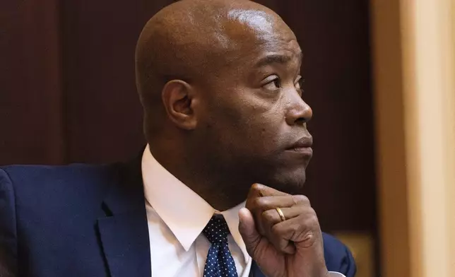 FILE - Sen. Aaron Rouse, D-Virginia Beach, sits at his desk on the senate floor on Wednesday, April 2, 2025, in Richmond, Va. (Margo Wagner /Richmond Times-Dispatch via AP,File)