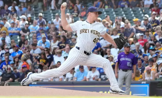 Milwaukee Brewers pitcher Quinn Priester (46) throws during the first inning of a baseball game against the Colorado Rockies Saturday, June 28, 2025, in Milwaukee. (AP Photo/Kayla Wolf)