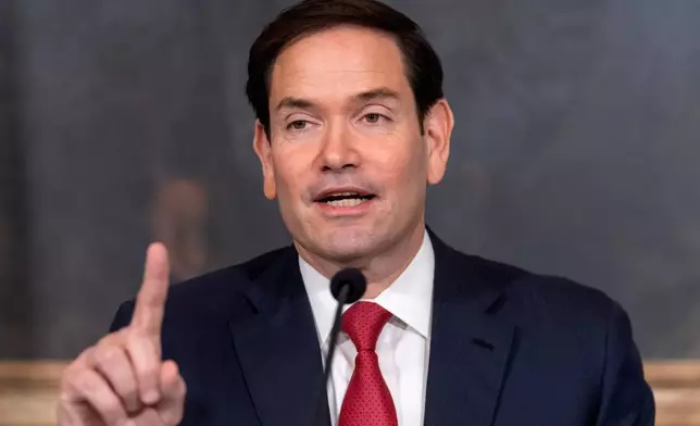 Secretary of State Marco Rubio speaks during a signing ceremony for a peace agreement between Rwanda and the Democratic Republic of the Congo at the State Department, Friday, June 27, 2025, in Washington. (AP Photo/Mark Schiefelbein).