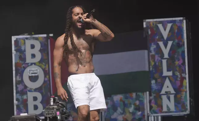 Bob Vylan perform on the West Holts Stage, during the Glastonbury Festival at Worthy Farm in Somerset. England, Saturday, June 28, 2025. (Yui Mok/PA via AP)