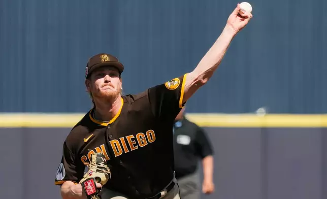 FILE - San Diego Padres starting pitcher Jay Groome throws against the Milwaukee Brewers during the second inning of a spring training baseball game Thursday, March 23, 2023, in Phoenix. (AP Photo/Ross D. Franklin, File)